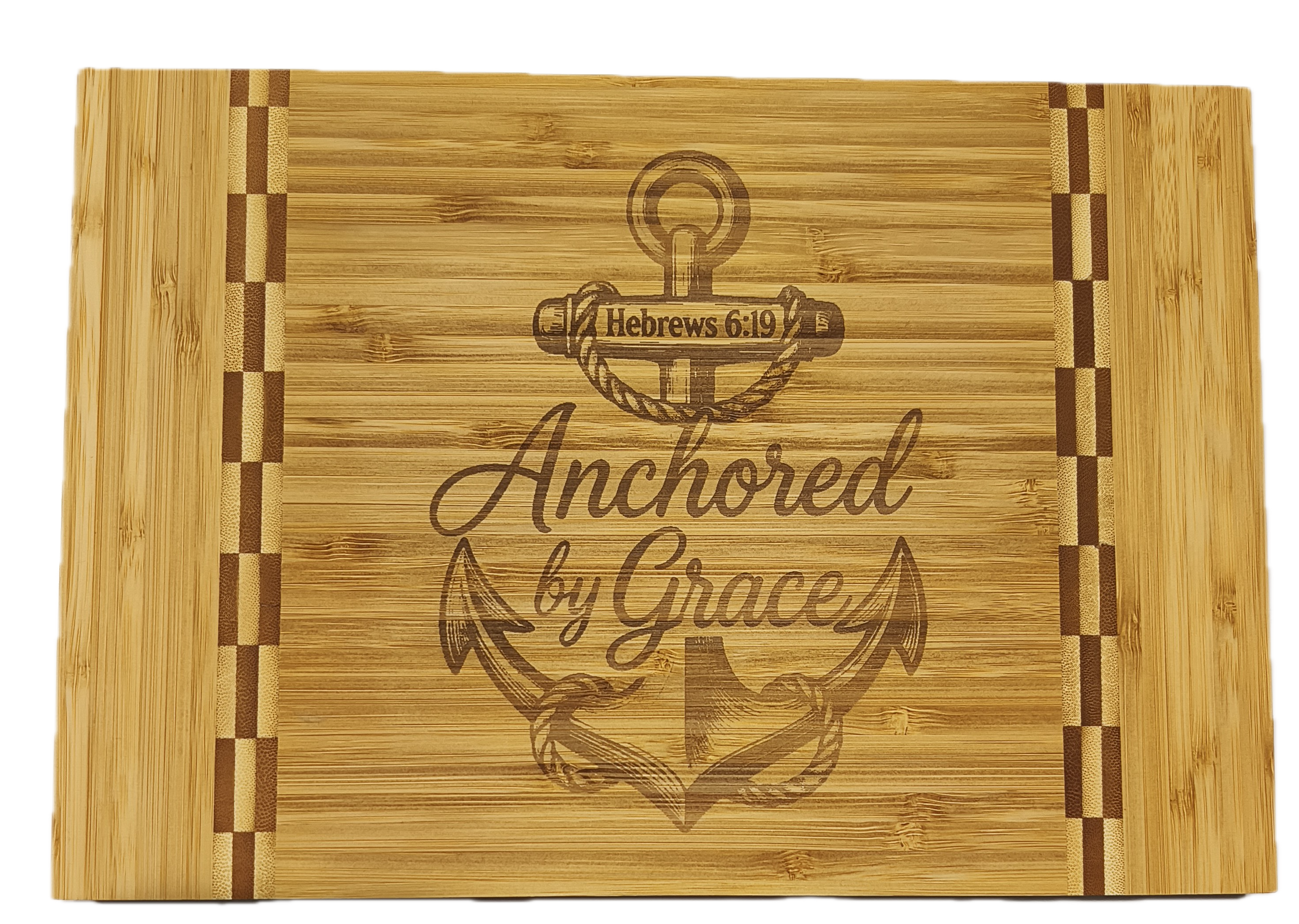Custom engraved 12" x 8 1/4" Bamboo Cutting Board with Butcher Block Inlay