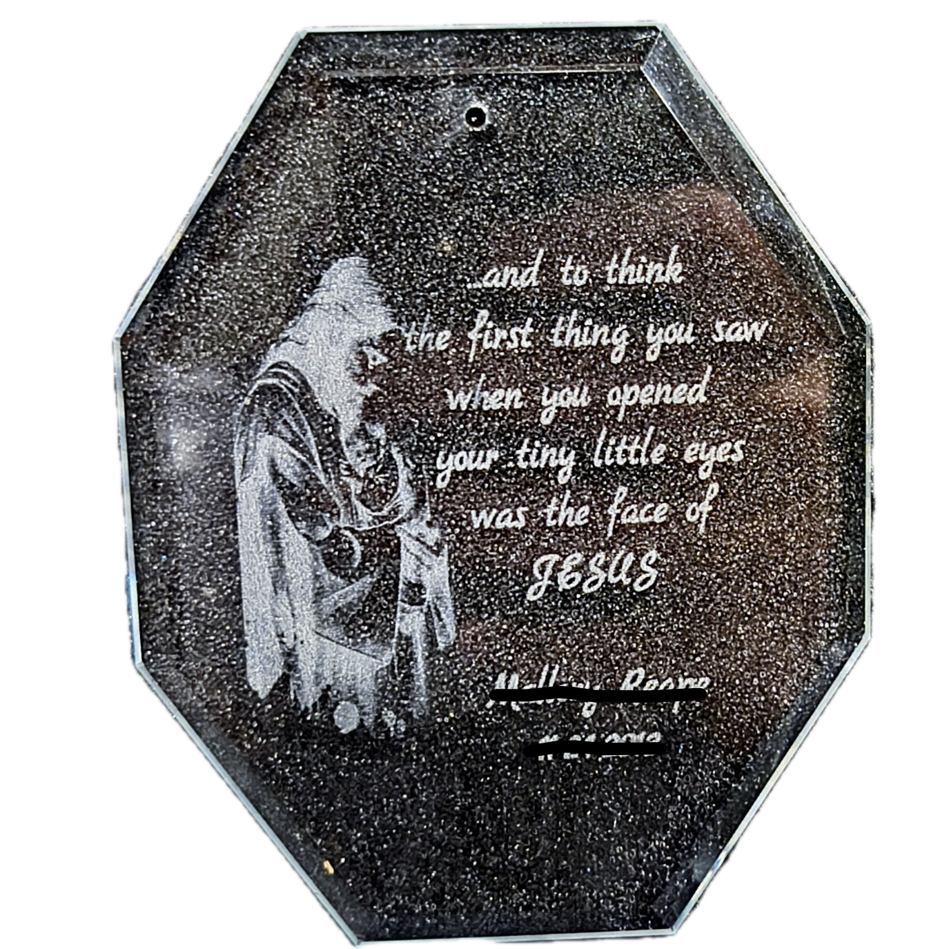 Custom 3 3/4" Clear Octagon Glass Ornament with Silver String